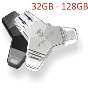 VIKING USB FLASH DISK 3.0 4v1 64GB, S KONCOVKOU APPLE LIGHTNING, USB-C, MICRO USB, USB3.0, čierna VUFII64B