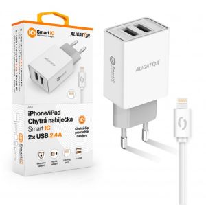 ALIGATOR Chytrá sieťová nabíjačka 2,4 A, 2xUSB, smart IC, biela, USB kábel pre iPhone / iPad CHA0036