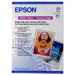 Epson Matte Paper Heavyweight, C13S041261, foto papier, matný, silný typ biely, Stylus Photo 1270, 1290, A3, 167 g/m2, 50 ks, at