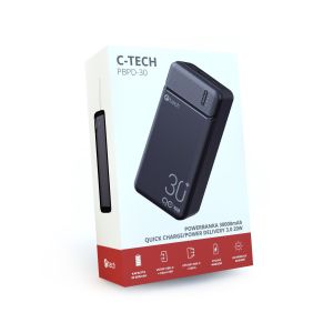 Powerbanka C-tech 30000mAh, Li-Pol, 20W, USB-C/USB-A/micro USB PBPD-30