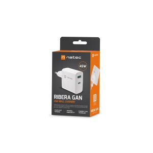 Univerzálna USB nabíjačka Natec RIBERA GaN 45W, 1X USB-A, 1X USB-C, biela NUC-2142