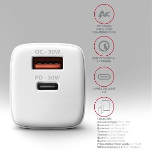 AXAGON ACU-PQ30W Sila nabíjačky do siete 30W, 2x port (USB-A + USB-C), PD3.0/PPS/QC4+/SFC/AFC/Apple ACU-PQ30W