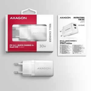 AXAGON ACU-PQ30W Sila nabíjačky do siete 30W, 2x port (USB-A + USB-C), PD3.0/PPS/QC4+/SFC/AFC/Apple ACU-PQ30W