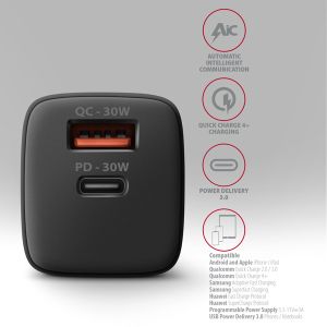 AXAGON ACU-PQ30 Sila nabíjačky do siete 30W, 2x port (USB-A + USB-C), PD3.0/PPS/QC4+/SFC/AFC/Apple ACU-PQ30