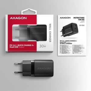 AXAGON ACU-PQ30 Sila nabíjačky do siete 30W, 2x port (USB-A + USB-C), PD3.0/PPS/QC4+/SFC/AFC/Apple ACU-PQ30