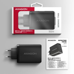 AXAGON ACU-DPQ100, GaN nabíjačka do siete 100W, 3x port (USB-A + dual USB-C), PD3.0/PPS/QC4+/Apple ACU-DPQ100