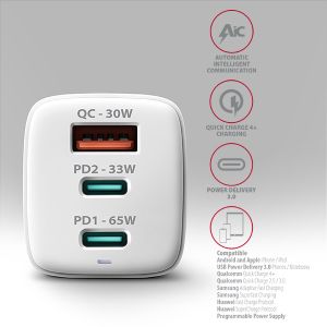 AXAGON ACU-DPQ65W, GaN nabíjačka do siete 65W, 3x port (USB-A + dual USB-C), PD3.0/QC4+/PPS/Apple ACU-DPQ65W