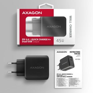 AXAGON ACU-PQ45 GaN nabíjačka do siete 45W, 2x port (USB-A + USB-C), PD3.0/PPS/QC4+/SFC 2.0/AFC/Apple ACU-PQ45