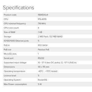 Mikrotik RB450Gx4 716 MHz, 1 GB RAM, Router OS L5 RB450Gx4