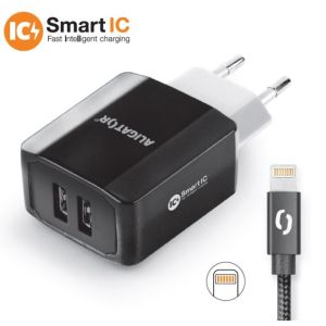 Múdra sieťová nabíjačka ALIGATOR 3.4A, 2xUSB, smart IC, čierna, kabel pre iPhone/iPad 2A CHS0001