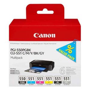 Cartridge Canon CLI-551 CMYK, PGI-550, CLI-551GY, 6-pack, multipack, originál