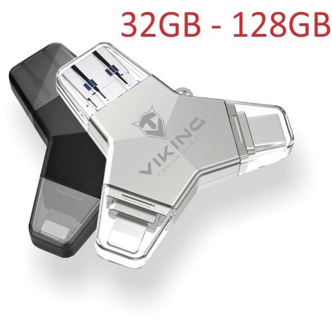 VIKING USB FLASH DISK 3.0 4v1 64GB, S KONCOVKOU APPLE LIGHTNING, USB-C, MICRO USB, USB3.0, čierna VUFII64B